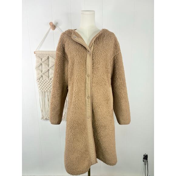 Uniqlo Tan Teddy Coat Womens Small Longline Fleece Sherpa Jacket No Collar - Picture 2 of 13
